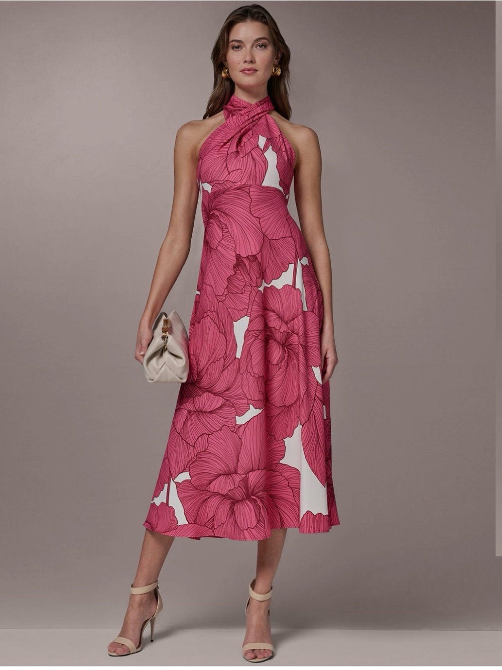 Donna Karan Fuchsia Floral Halter Midi Dress